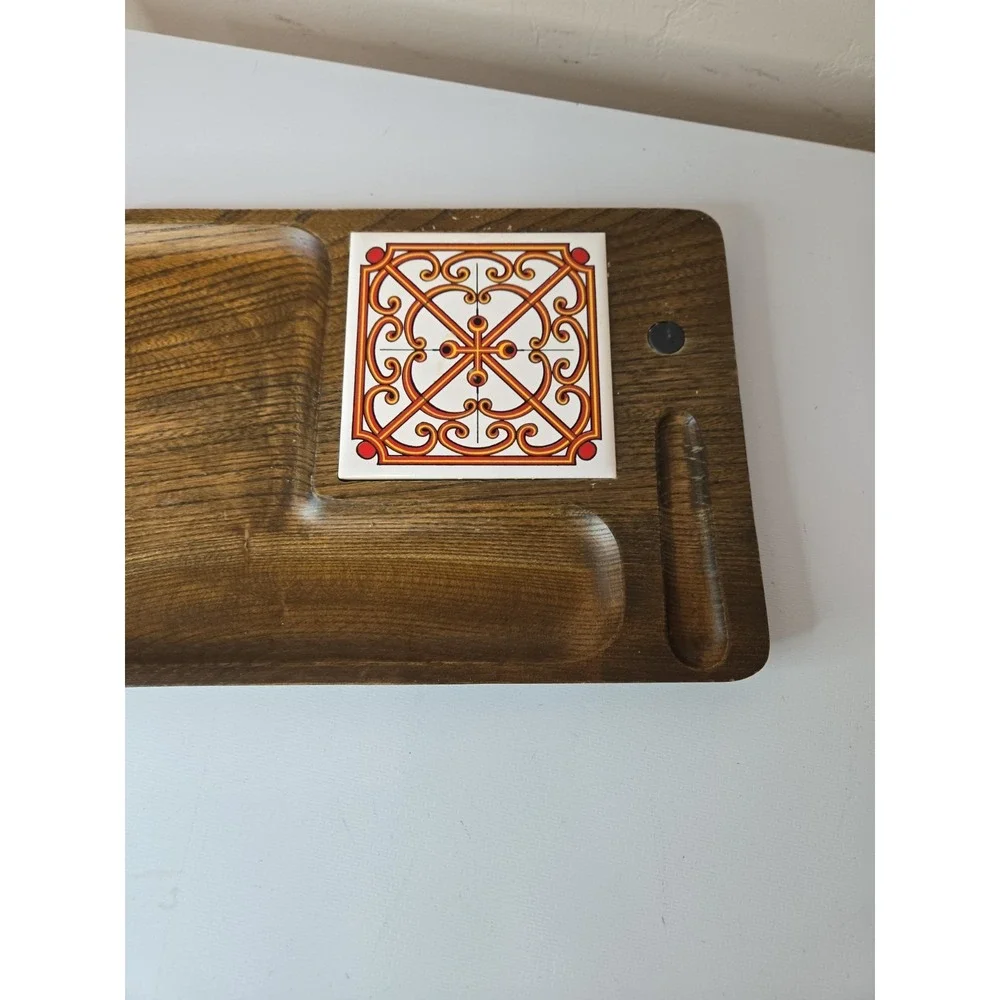 Vtg 1970s Japanese Keyaki Wood Cheese Board Charcuterie Tray Orange Scroll Tile